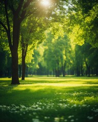 Green grass and trees in a park with sunlight. Generative AI.