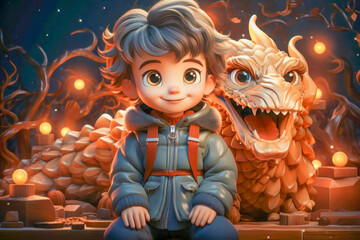 Joyful Child with Dragon Celebrating Chinese New Year