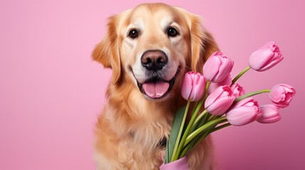 A golden retriever dog holding pink tulips. Generative AI.