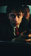 Obraz premium Two men in a car. Generative AI.