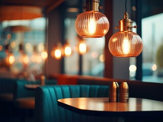 A table with two chairs and two lamps in a restaurant with lights on. Generative AI.