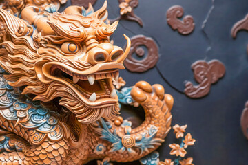 Obraz premium Chinese New Year Greeting Card with Golden Dragon and Florals