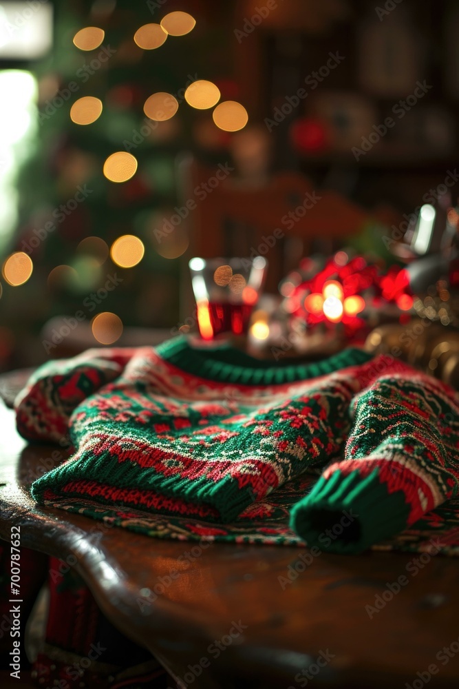 Poster a sweater on a table in front of a christmas tree. generative ai.