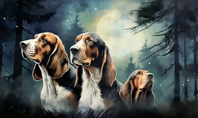 basset hound dogs in a group of 3 facing different of the moon - obrazy, fototapety, plakaty