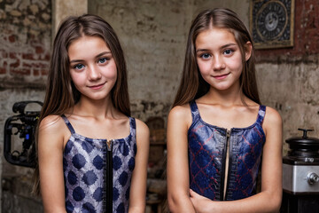 The image consists of two girls standing next to each other indoors, posing for the photo. They are both smiling and wearing dresses. There is a wall and a home appliance in the background.