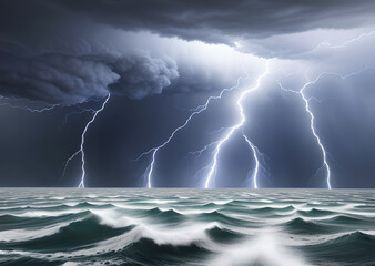 Stormy weather Thunderstorm rages over a natural disaster on the sea or ocean Generative AI