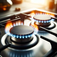 two burning gas burners on a kitchen gas stove