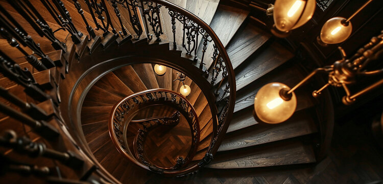 An elegant, dark wood spiral staircase with wrought iron detailing, illuminated by chic pendant lights from above.