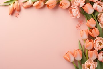 Beautiful tulips on pastel background. Concept Women's Day, March 8. 8th march. Flat lay, top view, copy space