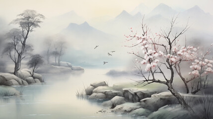 chinese brush painting, traditiona art, elegant spring landscape,  ai generated