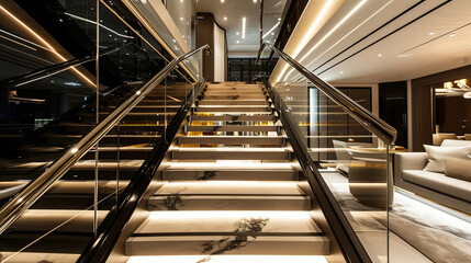An elegant Neon staircase in contrasting dark ebony and light maple woods, with transparent glass...