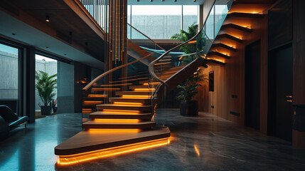 An elegant, panoramic wooden Neon staircase with a striking mix of dark and light tones, glass...