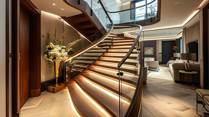 A chic two-tone wooden staircase, featuring light ash steps and dark mahogany accents, complemented...
