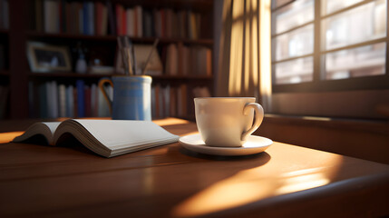 open book and a white cup on a saucer, on a wooden table with sunlight streaming through a window, and bookshelves in the back