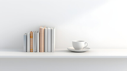 neat row of books standing upright on a white shelf, with a white coffee cup and saucer placed to their right