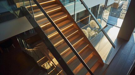 An inviting staircase blending dark cherry wood steps with light ash risers, clear glass...