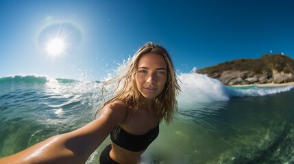 Obraz premium Young happy woman standing in the clean and cleat ocean near the coast on sunny day on her vacation leading active lifestyle