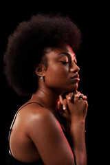 Studio portrait of elegant african american lady with curly hair afro hairstyle against black background. Girl in black dress.