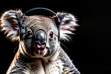 Koala wearing headphones isolated on black background. Listen to music. Cover for design of music releases, albums and advertising. Music lover background. DJ concept.