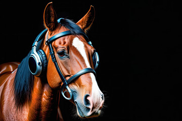 Horse with headphones isolated on black background. Listen to music. Cover for design of music releases, albums and advertising. Music lover background. DJ concept.