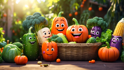 Cute cartoon funny vegetables in the garden
