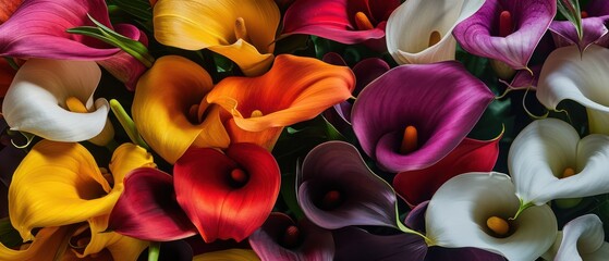 vibrant calla lily blooms in a colorful array, top view