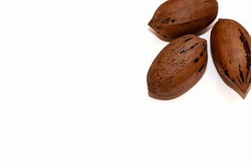 Closed whole pecans isolated in the corner of a white background. Text space