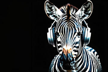 Zebra in headphones isolated on black background. Listen to music. Cover for design of music releases, albums and advertising. Music lover background. DJ concept.