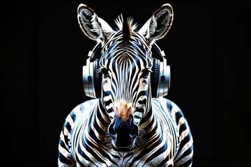 Zebra in headphones isolated on black background. Listen to music. Cover for design of music releases, albums and advertising. Music lover background. DJ concept.