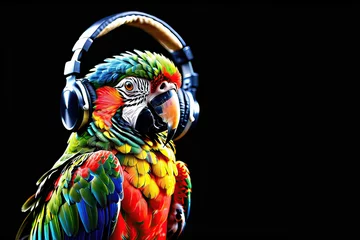 Gordijnen Parrot wearing headphones isolated on black background. Listen to music. Cover for design of music releases, albums and advertising. Music lover background. DJ concept. © dimdiz