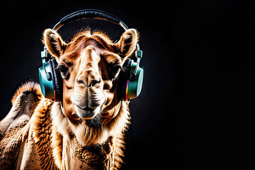 Camel with headphones isolated on black background. Listen to music. Cover for design of music releases, albums and advertising. Music lover background. DJ concept.