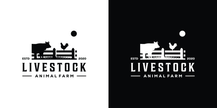 Vintage Livestock Logo. Cow, Chicken, Rooster, Cattle Animal Farm Logo Icon Symbol Vector Design Template.