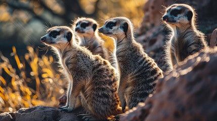 Meerkat Family Scanning Horizon - obrazy, fototapety, plakaty