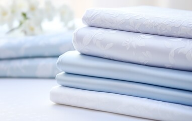 Fototapeta na wymiar Pastel-Colored Fabric or Bed Linens, Baby Blue with Soft White Patterns, Neatly Folded in a Stack