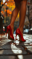 Close-up of a woman walking down the street in a mini skirt, showcasing red high heel pumps - obrazy, fototapety, plakaty