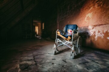 Wheelchair in front of a wall, abandoned.
