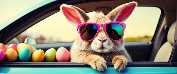 Easter bunny wearing glasses on a car and colorful eggs - obrazy, fototapety, plakaty