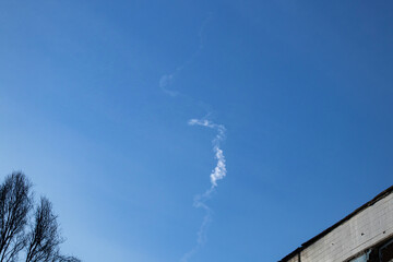The work of Ukrainian air defense in the sky, a trace in the sky from air defense over the city of...
