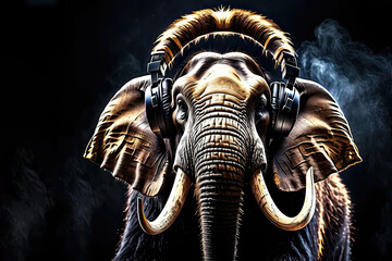 Mammoth in headphones isolated on a black background. Listen to music. Cover for design of music releases, albums and advertising. Music lover background. DJ concept.