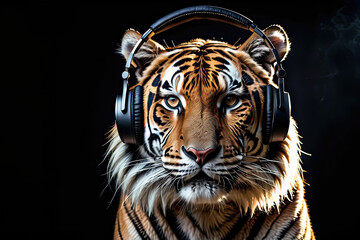 Tiger wearing headphones isolated on a black background. Listen to music. Cover for design of music...