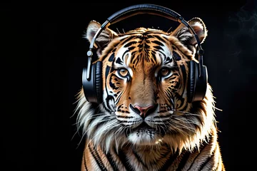 Rolgordijnen Tiger wearing headphones isolated on a black background. Listen to music. Cover for design of music releases, albums and advertising. Music lover background. DJ concept. © dimdiz