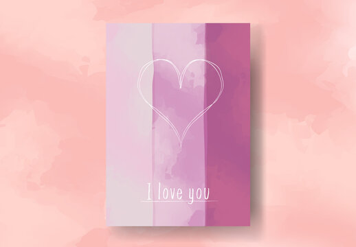 Valentine Card Template with Watercolor Style Pink Background