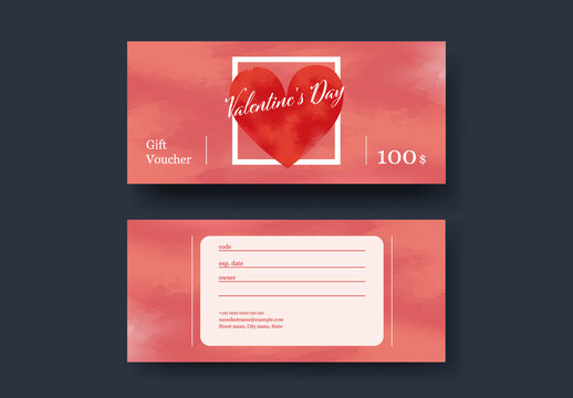 Valentine Gift Voucher Template with Watercolor Background