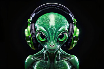 A reptile alien with big green eyes wearing headphones isolated on a black background. Listen to music. Cover for design of music releases, albums and advertising. Music lover background. DJ concept.