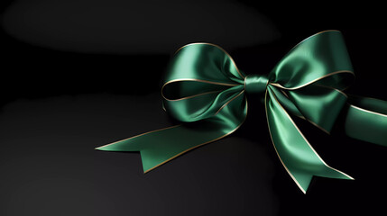 A green ribbon with a bow on it's side on a black background with a black background