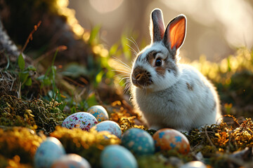 Brown rabbit near multiple easter eggs in lush greenery, illuminated by soft sunlight. - Powered by Adobe