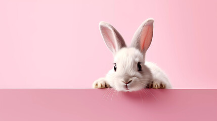 A rabbit peeking over a sign with a pink background and a pink wall behind it with a pink background