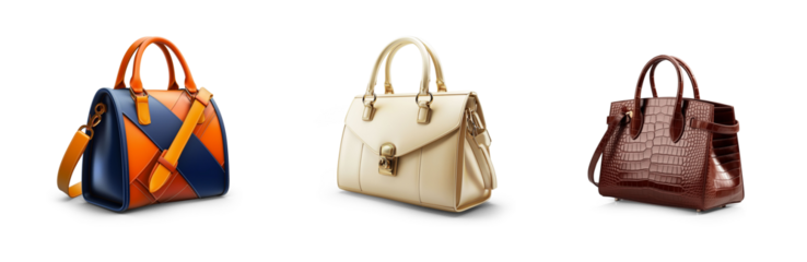 set collection of stylish women handbag purse, red and white leather, different colors and style, luxury elegant ladies hand bags isolated on white png transparent background