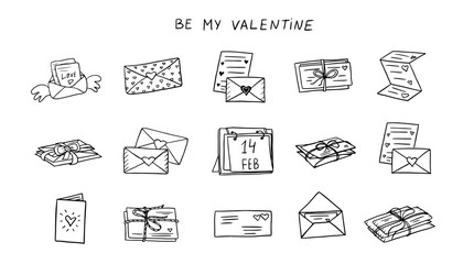 Cute set of love letters with hearts, envelopes with heart icons. Hand drawn. Doodle style. Great for valentine's day cards, greeting card, posters, wrapping and design