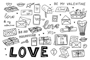 Big set of love letters, envelopes with heart icons. Good for valentine's day cards, posters, wrapping and design. Hand drawn. Doodle style